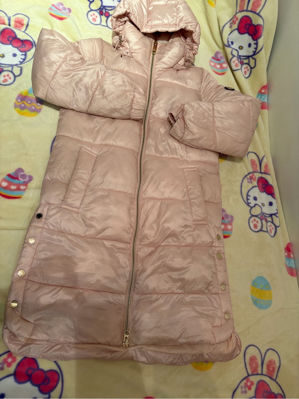 Michael Kors Quilted Hooded Long Puffer Coat in Pale Pink- small